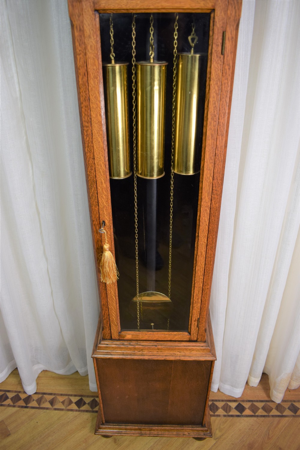 Small Light/Honey Oak Triple Weight Westminster Musical Chiming Grandfather or Grandmother Longcase Clock - 73.75in High View IV