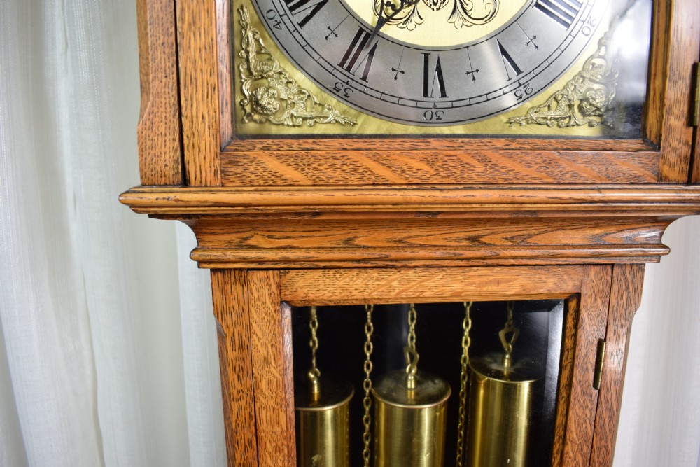 Small Light/Honey Oak Triple Weight Westminster Musical Chiming Grandfather or Grandmother Longcase Clock - 73.75in High View IX
