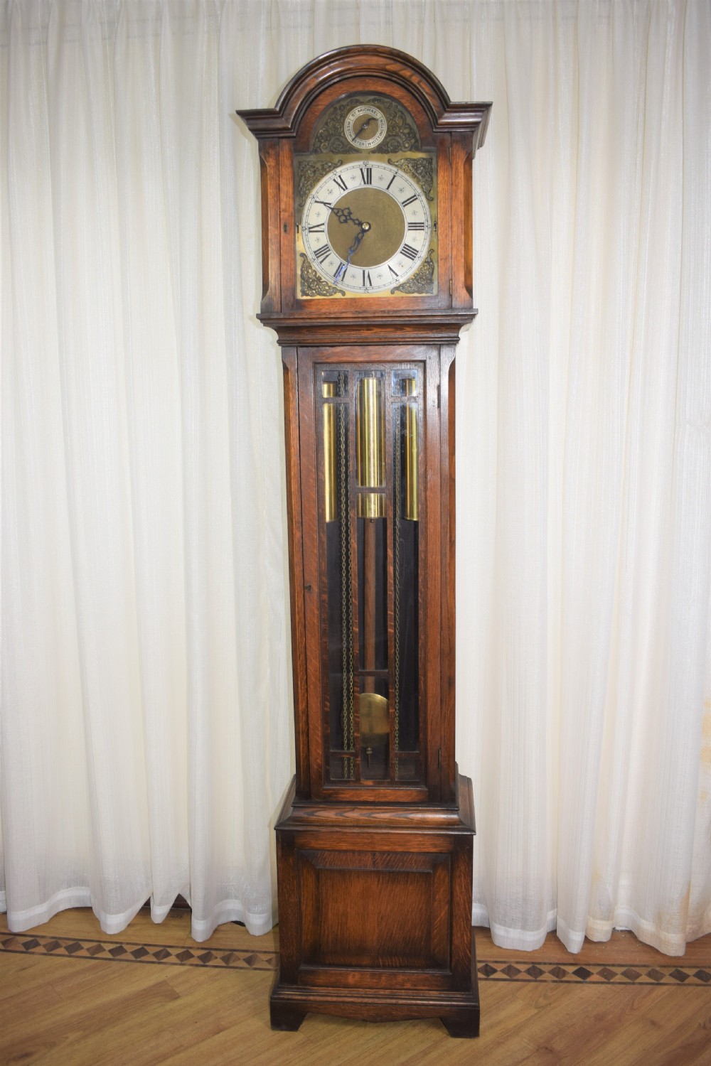 Small Good Quality Quarter Chiming Musical Triple Tune Triple Weight Grandfather or Grandmother (74in) Oak Cased 8 Day Longcase Clock View IV