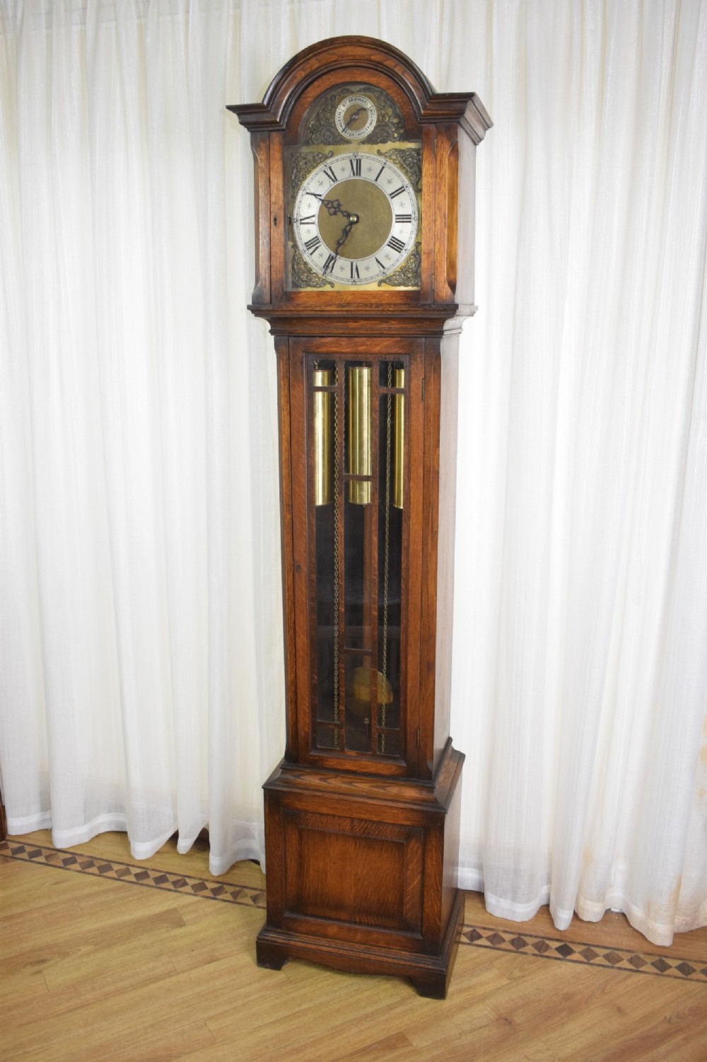 Small Good Quality Quarter Chiming Musical Triple Tune Triple Weight Grandfather or Grandmother (74in) Oak Cased 8 Day Longcase Clock