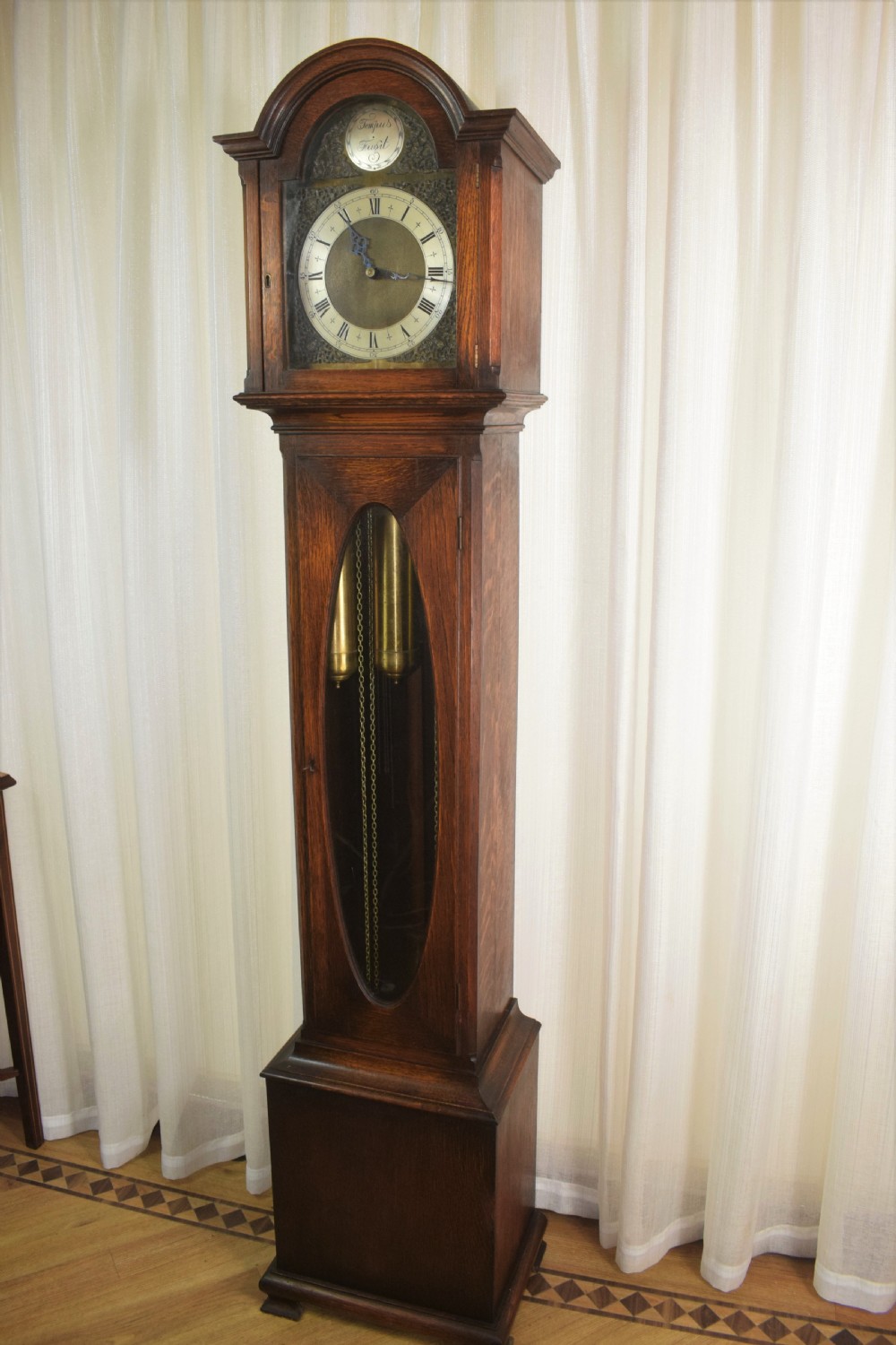 Small (Under 70in) Grandmother or Grandfather Oak Longcase Triple Weight Musical Quarter Chiming Clock with Underslung Rheingold-Gongs 