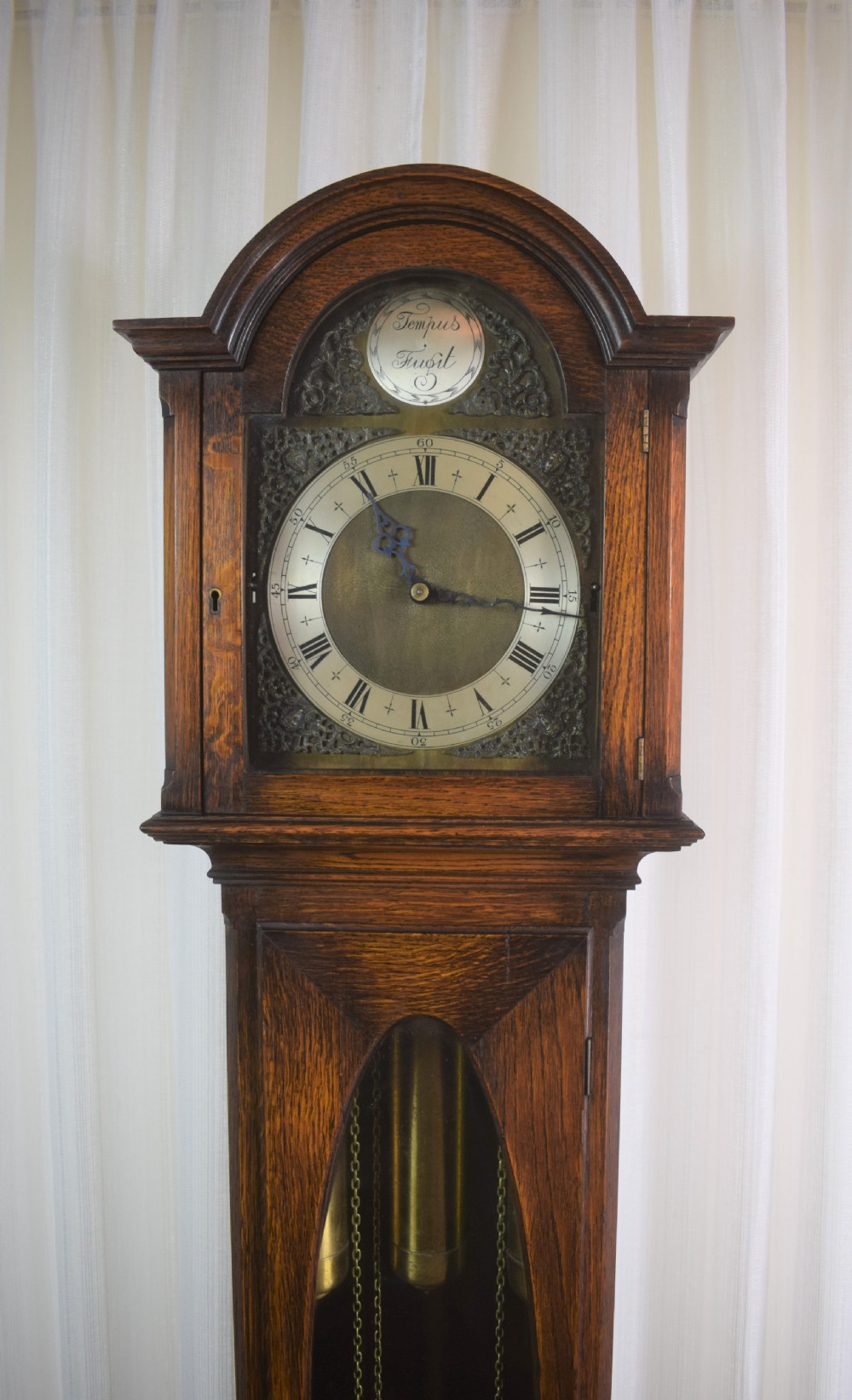Small (Under 70in) Grandmother or Grandfather Oak Longcase Triple Weight Musical Quarter Chiming Clock with Underslung Rheingold-Gongs  View IV