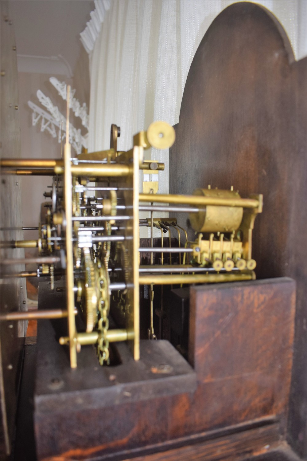 Small (Under 70in) Grandmother or Grandfather Oak Longcase Triple Weight Musical Quarter Chiming Clock with Underslung Rheingold-Gongs  View V