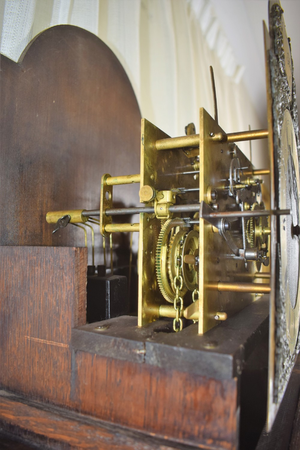 Small (Under 70in) Grandmother or Grandfather Oak Longcase Triple Weight Musical Quarter Chiming Clock with Underslung Rheingold-Gongs  View VI
