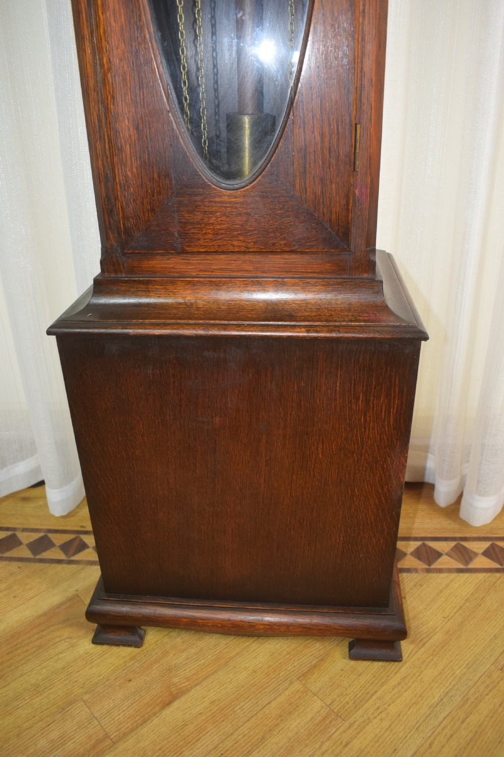 Small (Under 70in) Grandmother or Grandfather Oak Longcase Triple Weight Musical Quarter Chiming Clock with Underslung Rheingold-Gongs  View VIII