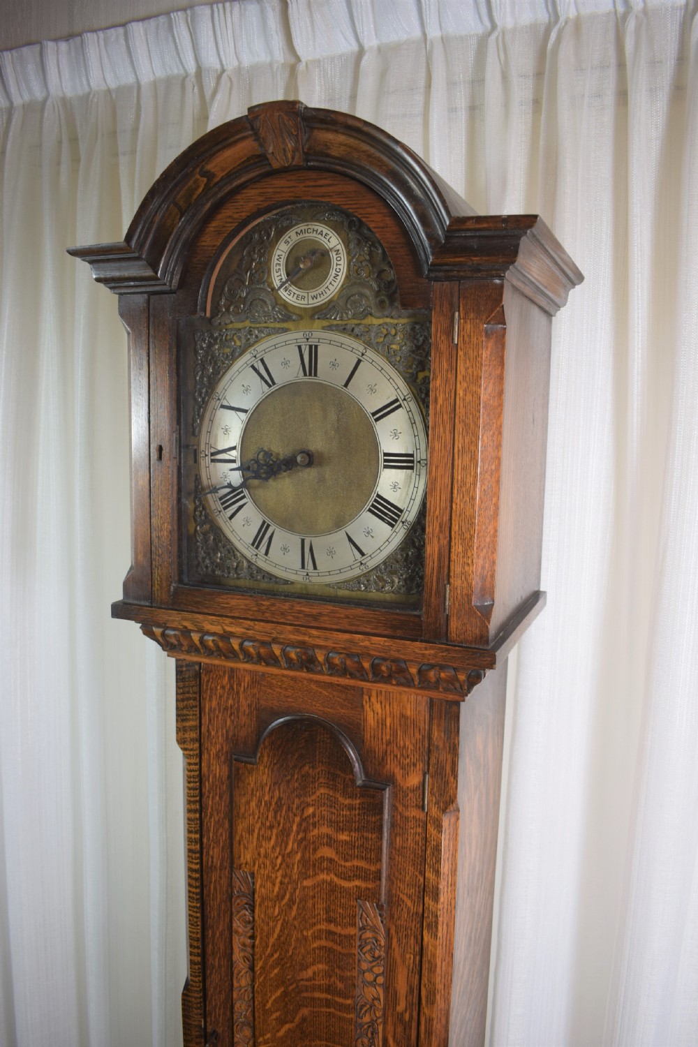 Good Quality Quarter Chiming Triple Musical Tune Triple Weight German  8 Day Movement in A Very Attractive English Grandfather or Grandmother Oak Longcase Clock View II
