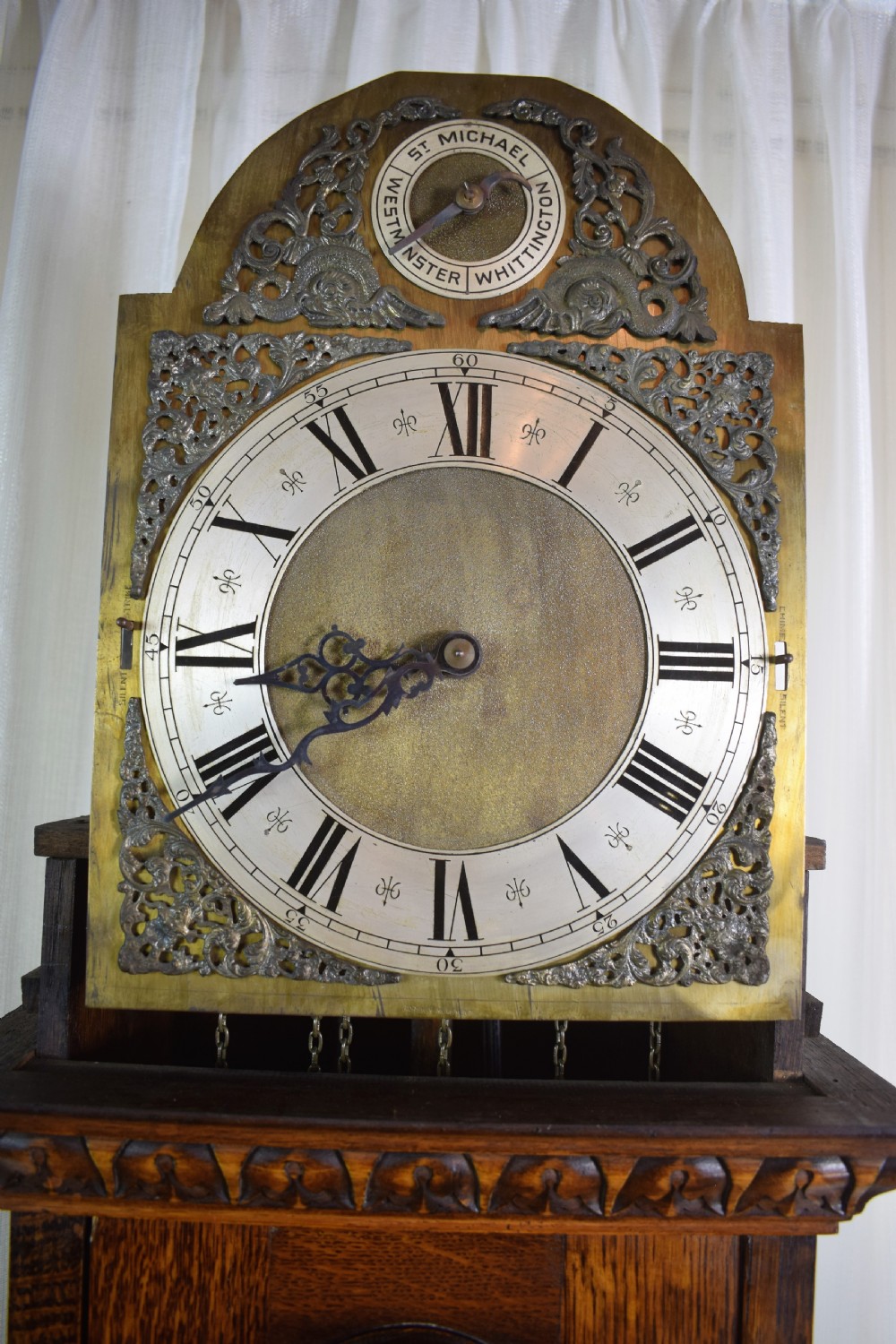 Good Quality Quarter Chiming Triple Musical Tune Triple Weight German  8 Day Movement in A Very Attractive English Grandfather or Grandmother Oak Longcase Clock View VII