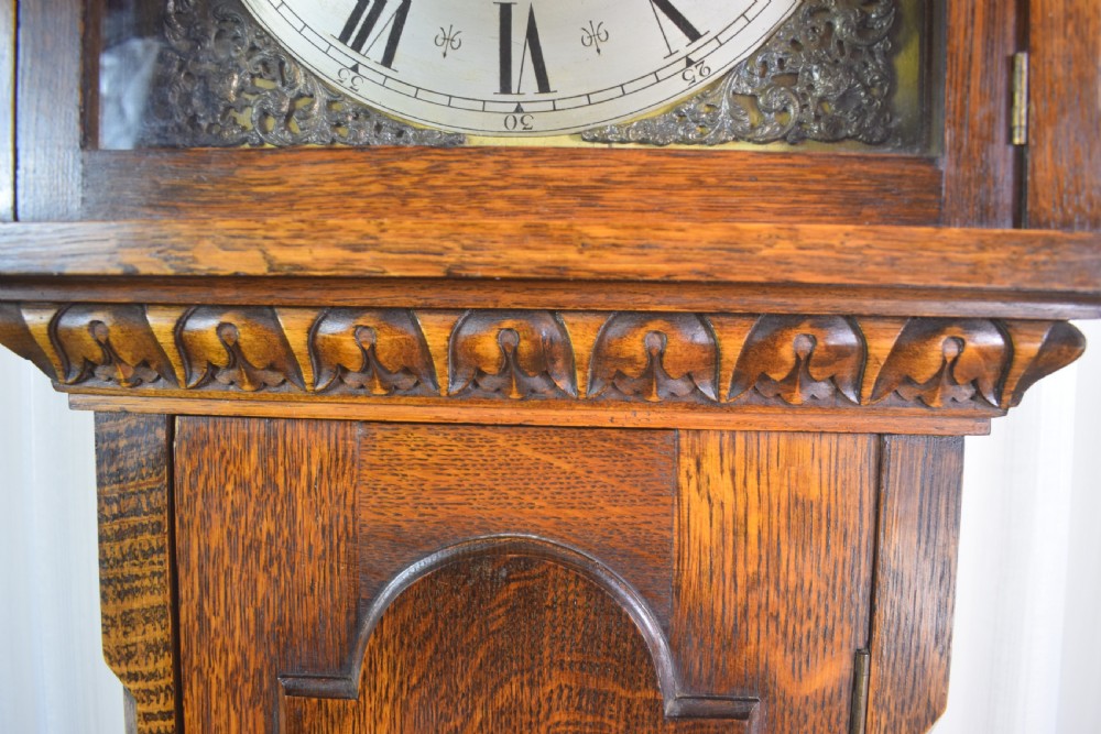 Good Quality Quarter Chiming Triple Musical Tune Triple Weight German  8 Day Movement in A Very Attractive English Grandfather or Grandmother Oak Longcase Clock View VIII