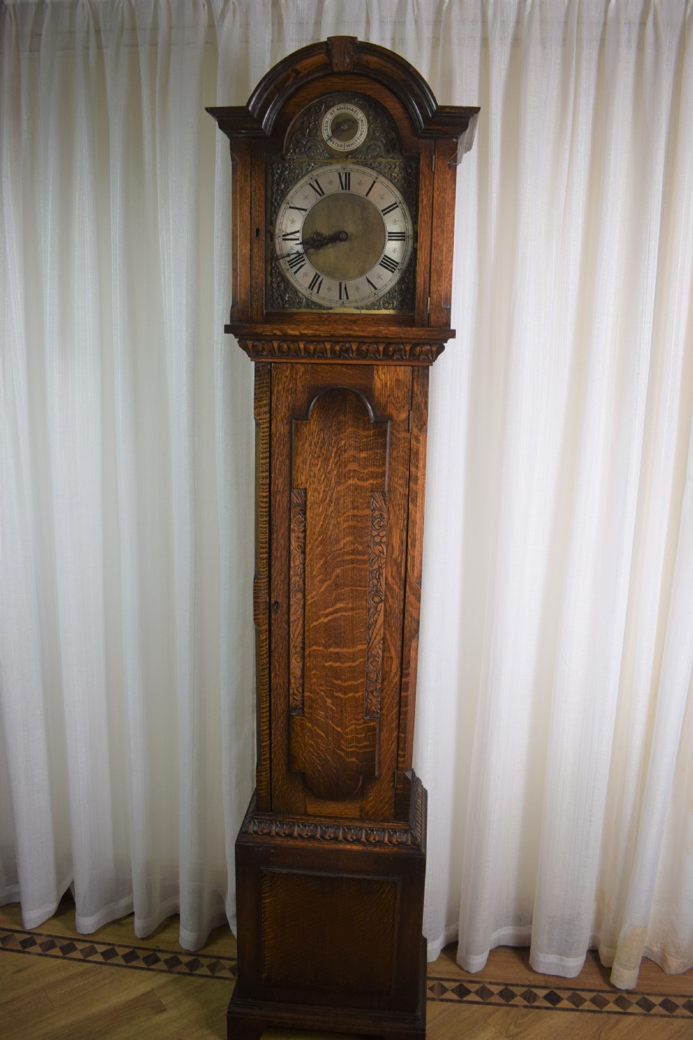 Good Quality Quarter Chiming Triple Musical Tune Triple Weight German  8 Day Movement in A Very Attractive English Grandfather or Grandmother Oak Longcase Clock View XII