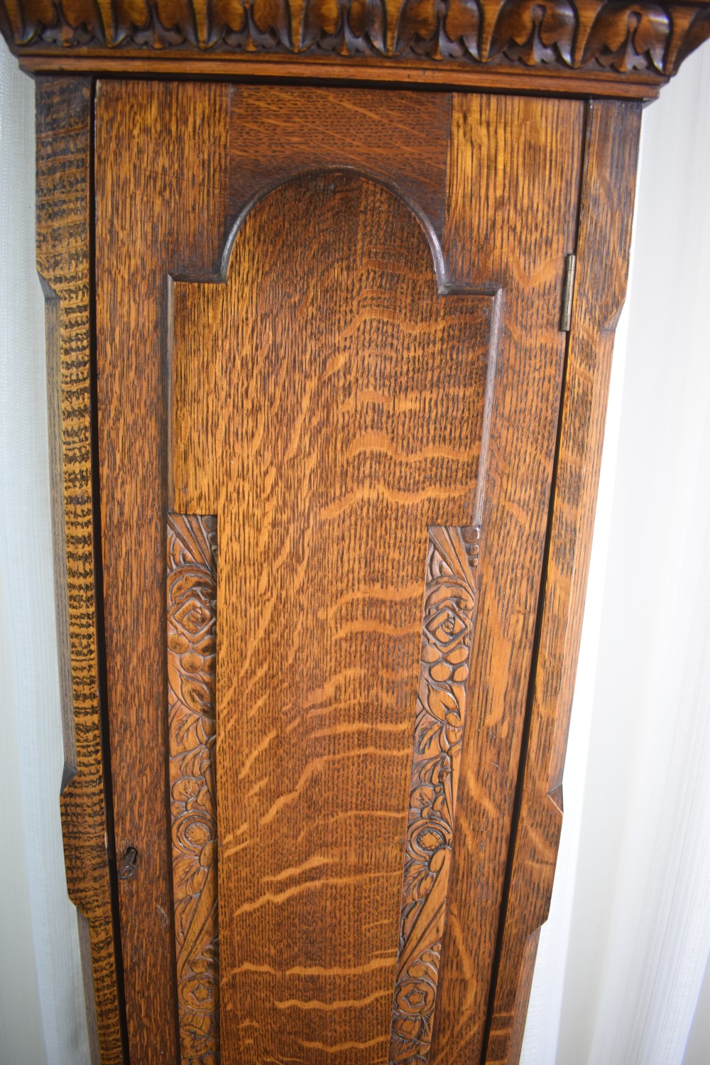 Good Quality Quarter Chiming Triple Musical Tune Triple Weight German  8 Day Movement in A Very Attractive English Grandfather or Grandmother Oak Longcase Clock View IV