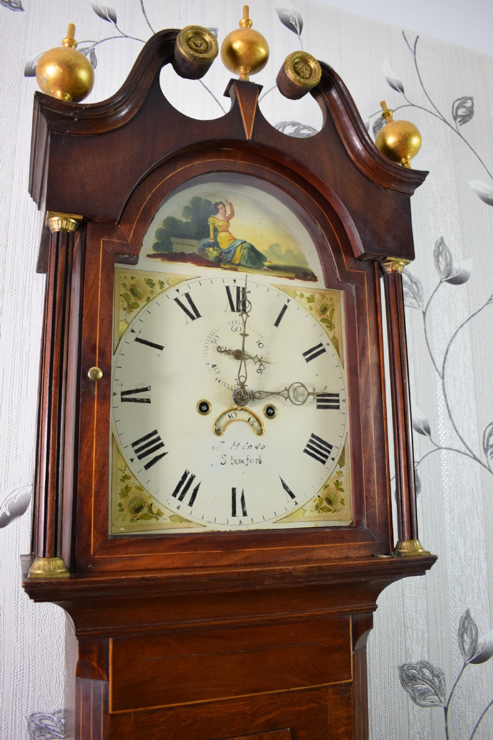 Early Joseph Hinds of Stamford (Forbearer to F. Hinds Jewellers)  Oak & Mahogany Grandfather Longcase Clock.  View II