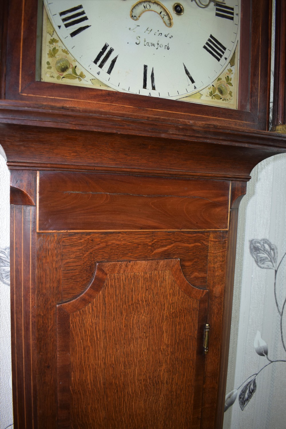 Early Joseph Hinds of Stamford (Forbearer to F. Hinds Jewellers)  Oak & Mahogany Grandfather Longcase Clock.  View III