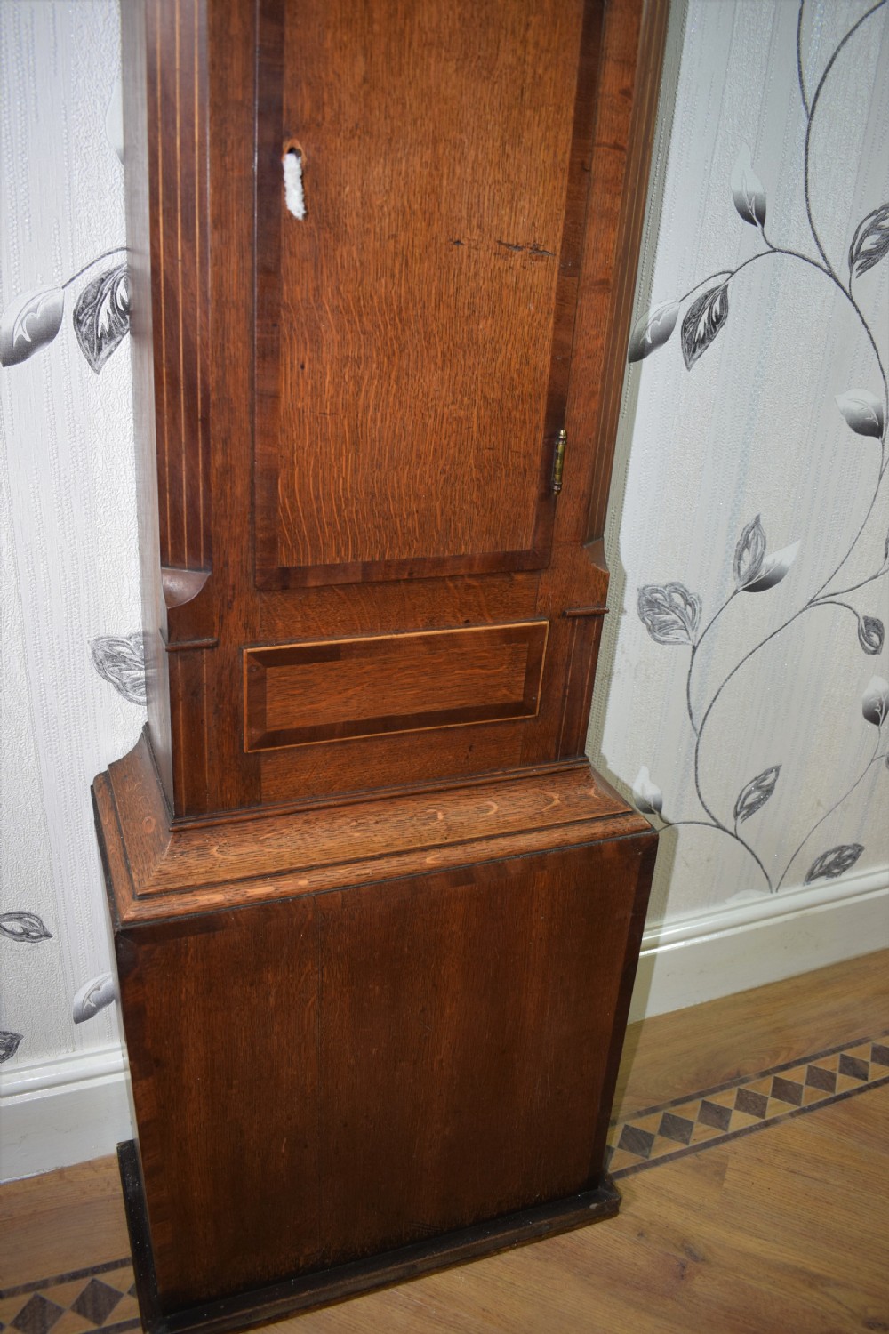 Early Joseph Hinds of Stamford (Forbearer to F. Hinds Jewellers)  Oak & Mahogany Grandfather Longcase Clock.  View V