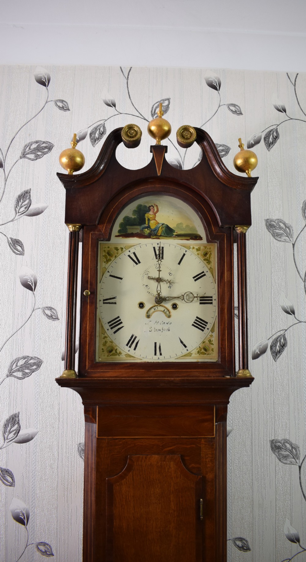 Early Joseph Hinds of Stamford (Forbearer to F. Hinds Jewellers)  Oak & Mahogany Grandfather Longcase Clock.  View XI