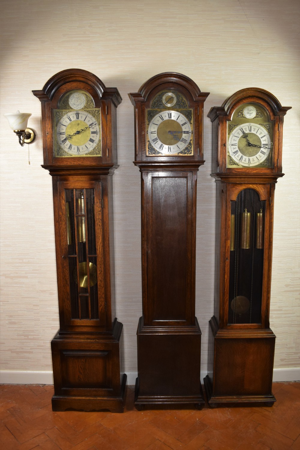 Good Quality Peerless/Embee Triple Tune Chiming Musical Oak Grandmother Grandfather Triple Weight Longcase Clock View XIII