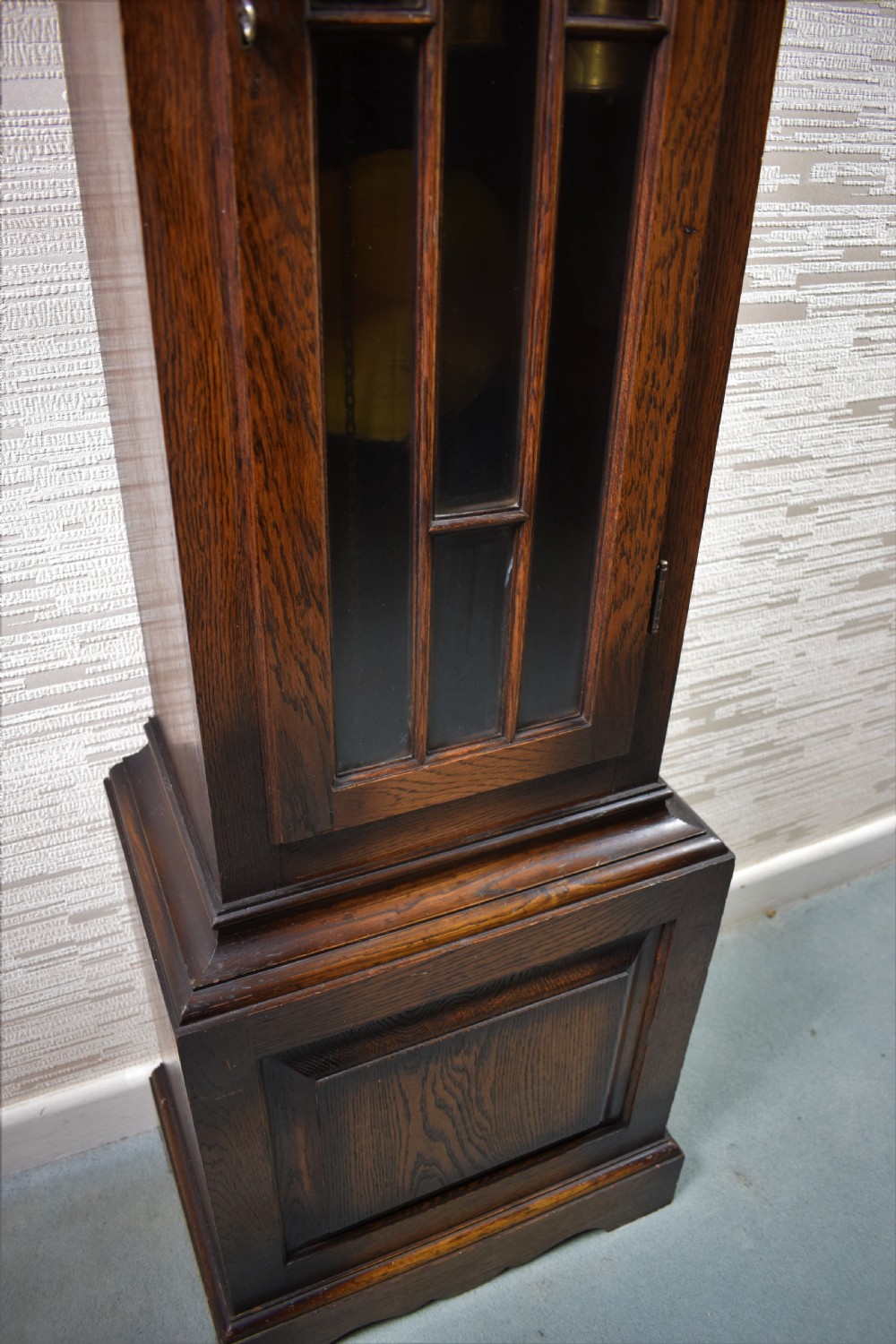 Triple Tune, Triple Weight Oak Musical Chiming Grandmother or Grandfather Longcase Clock with  Astragal Glazed Trunk Door View VIII