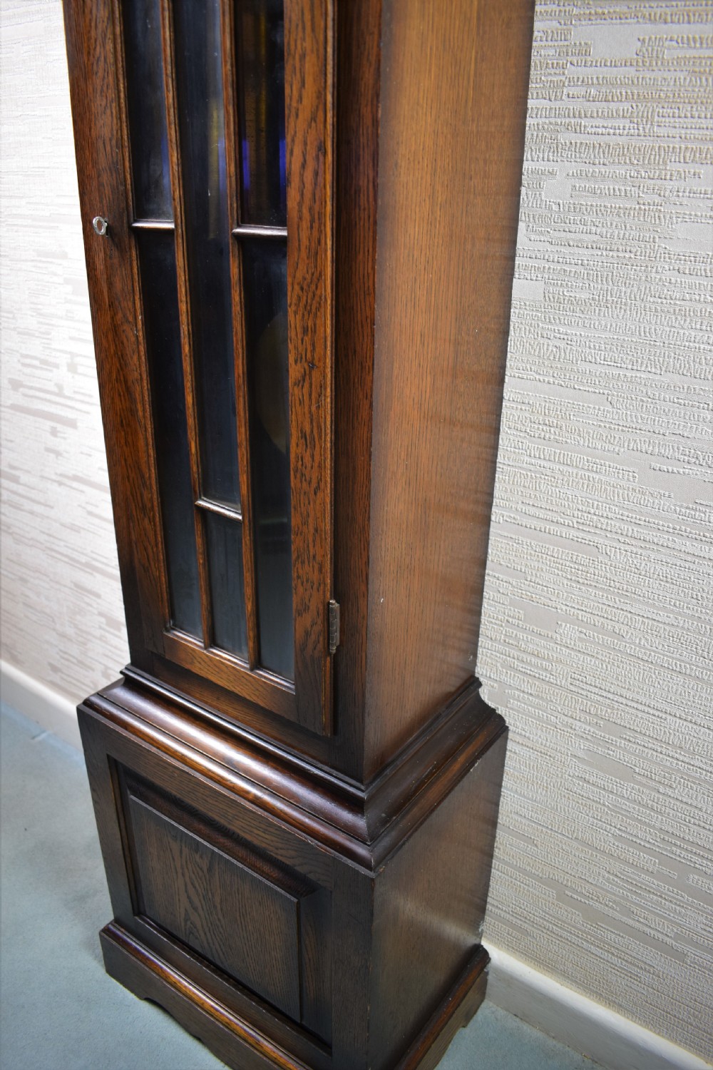 Triple Tune, Triple Weight Oak Musical Chiming Grandmother or Grandfather Longcase Clock with  Astragal Glazed Trunk Door View IX