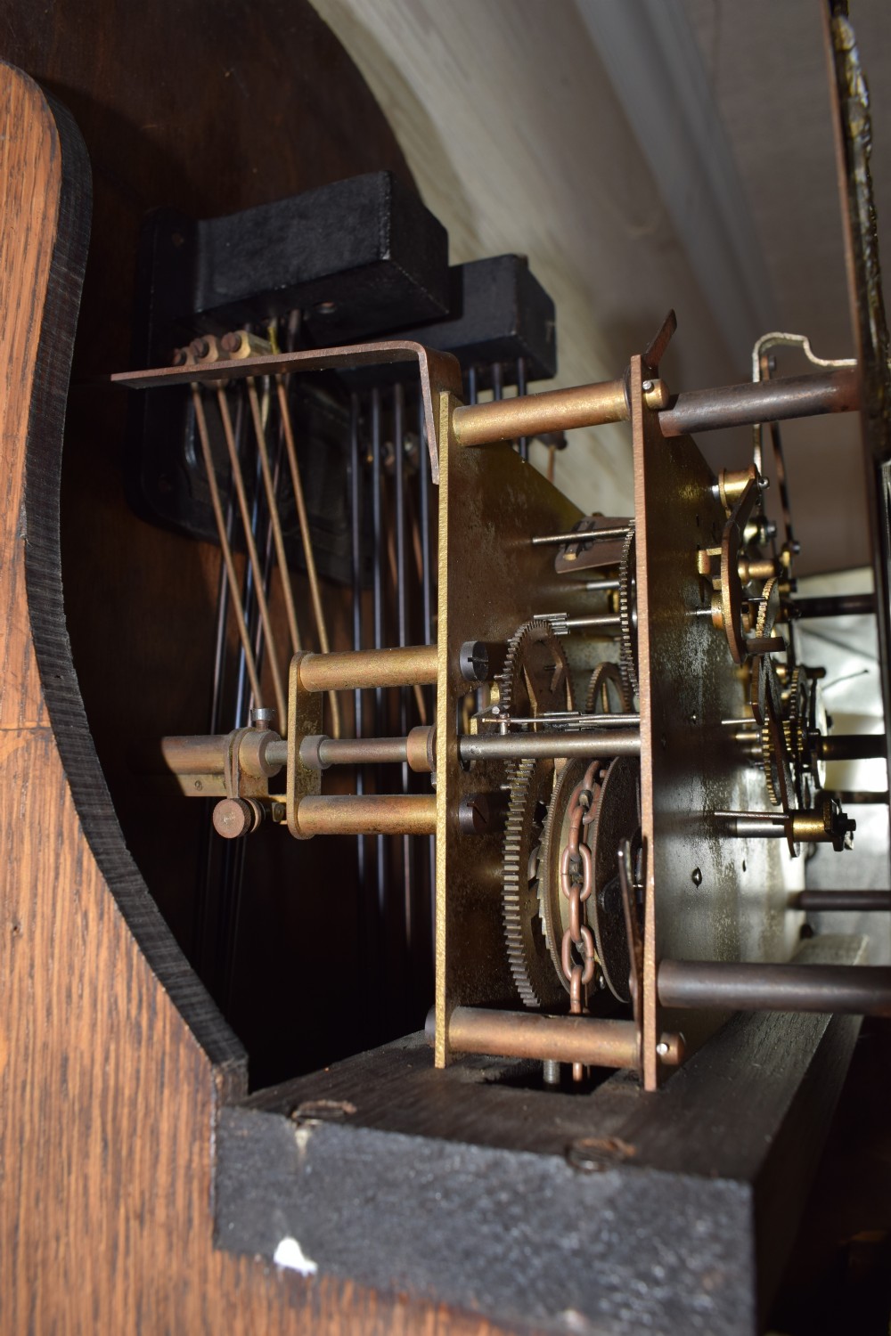 Triple Tune, Triple Weight Oak Musical Chiming Grandmother or Grandfather Longcase Clock with  Astragal Glazed Trunk Door View VI