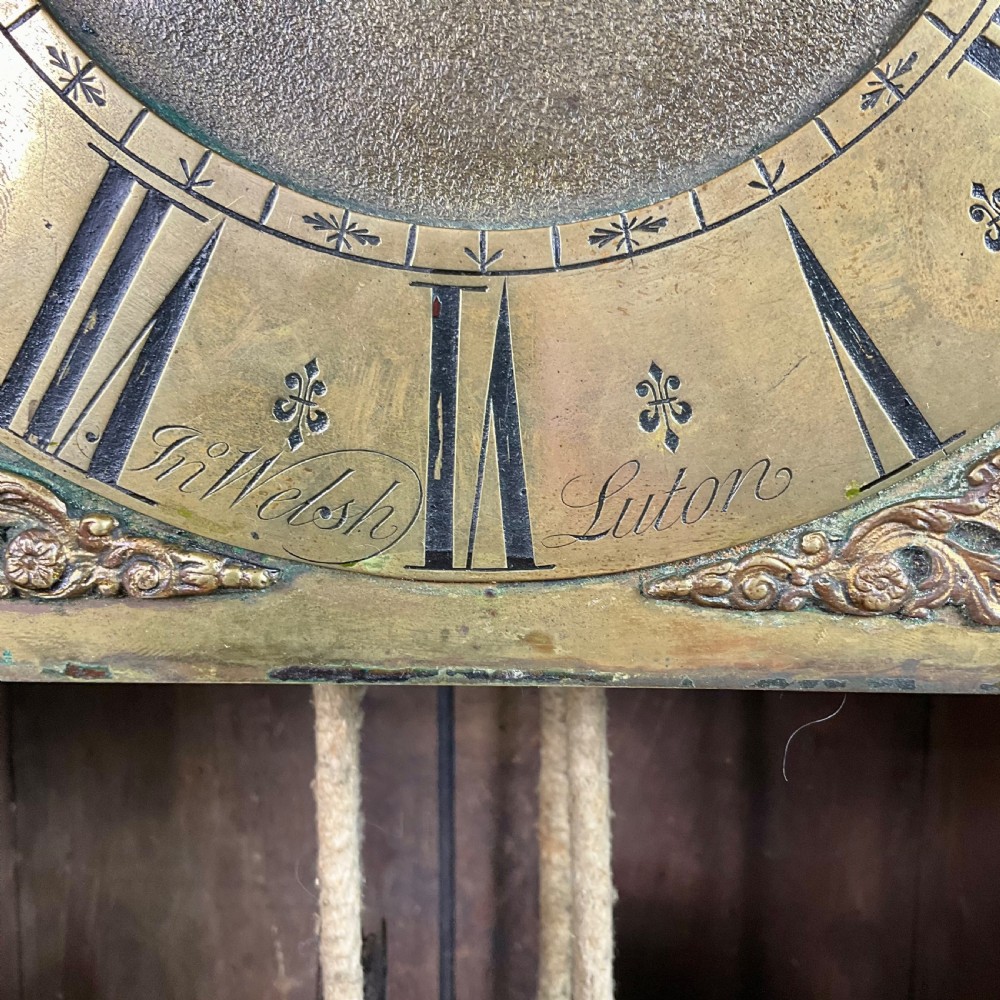 A tall dark brown painted pine longcase clock featuring a square brass dial with ornate corner spandrels, turned hood pillars, and a slender trunk door on a plinth base. View VII