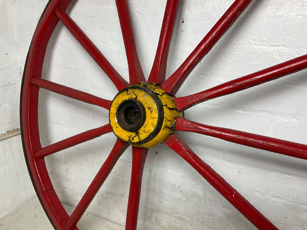 19th C. Fire Engine or Agricultural Horse & Cart Painted Wooden Wheel with Cast Metal Rim View VII