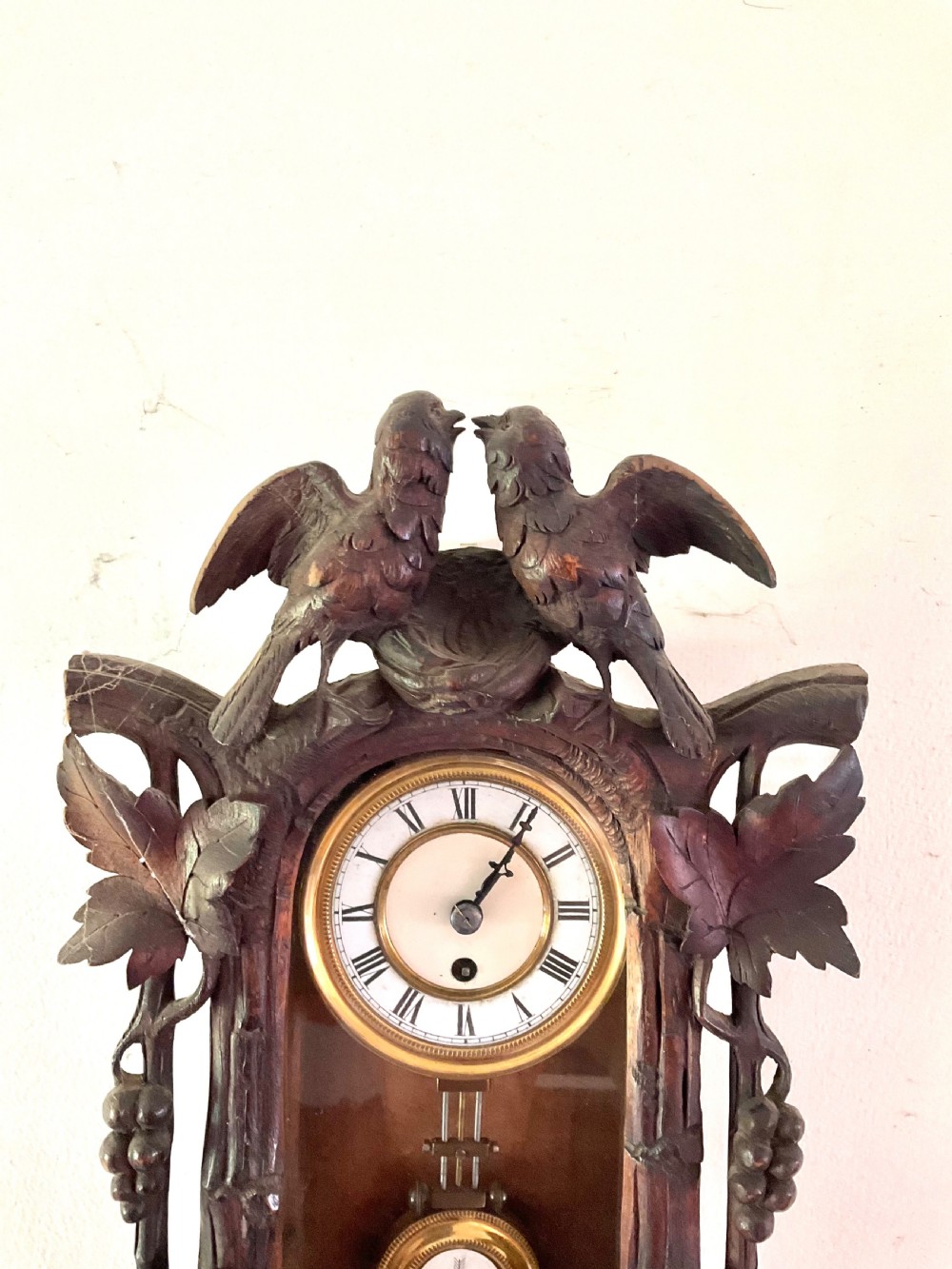 Miniature 19thC Black Forest Carved Wall Clock - 8 Day - Love Birds View II