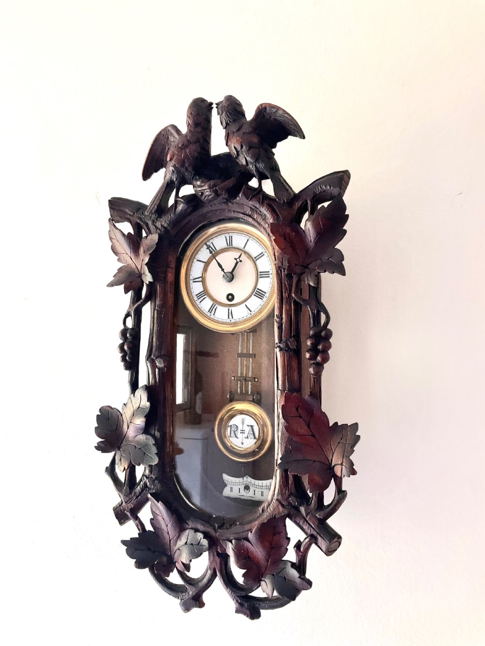 Miniature 19thC Black Forest Carved Wall Clock - 8 Day - Love Birds View V