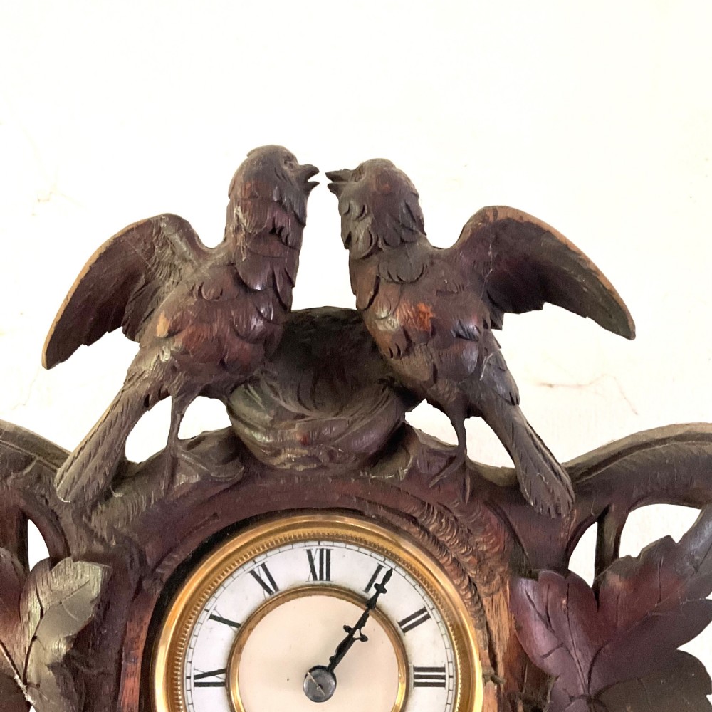 Miniature 19thC Black Forest Carved Wall Clock - 8 Day - Love Birds View VI
