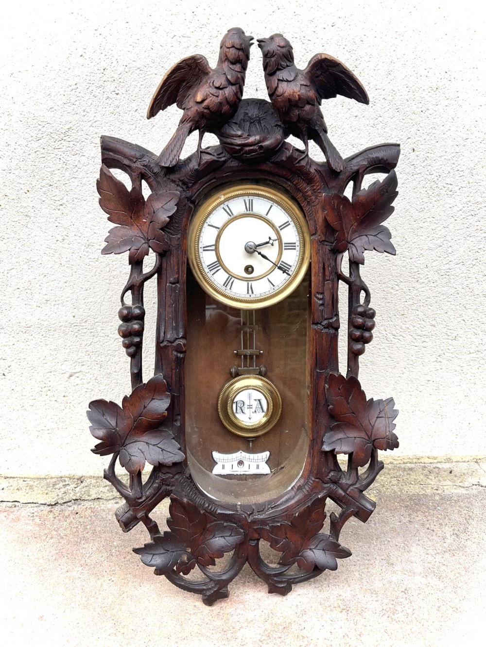 Miniature 19thC Black Forest Carved Wall Clock - 8 Day - Love Birds