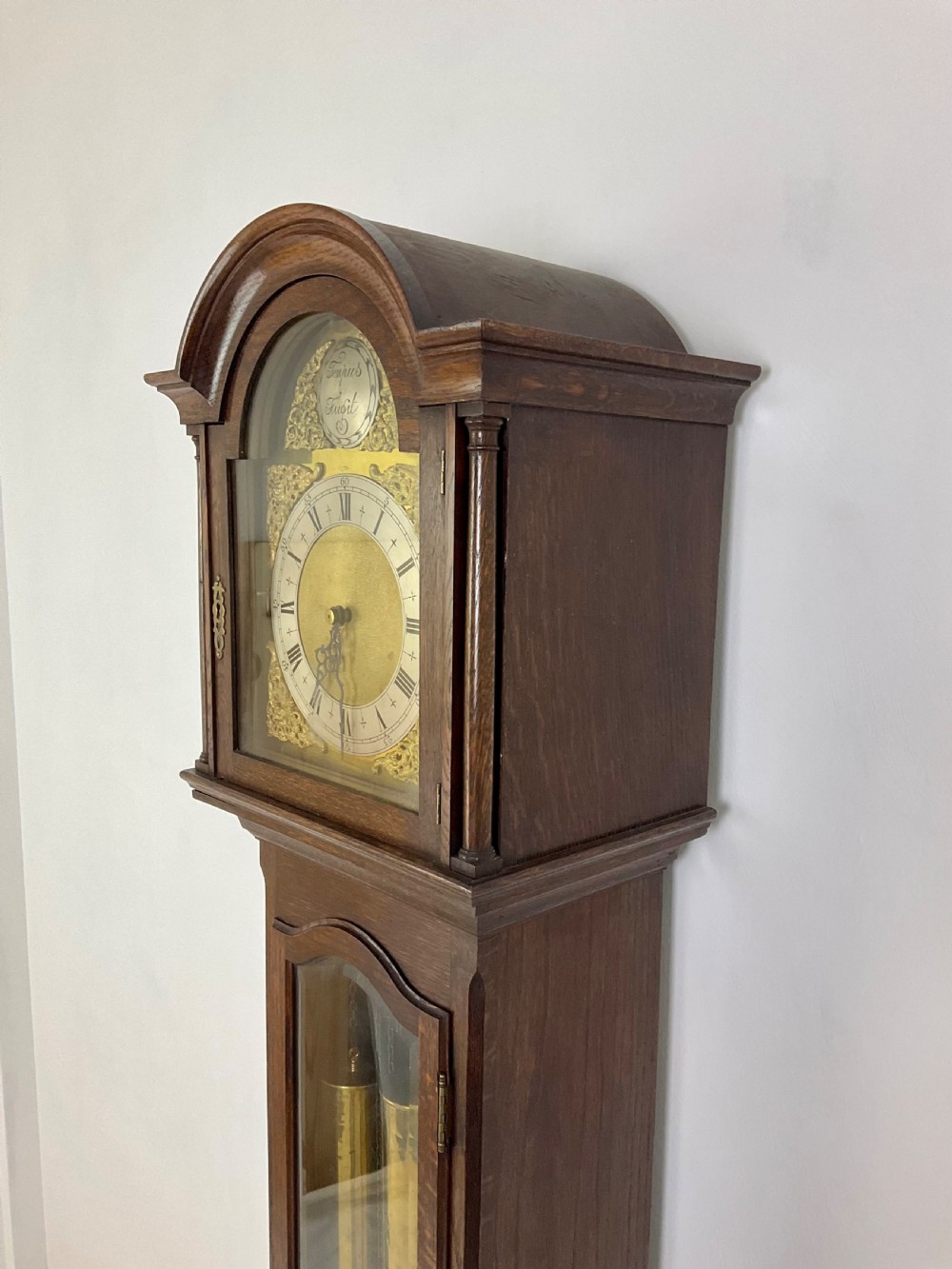 Small (70in) Musical Quarter Chiming Grandfather or Grandmother Oak Longcase Clock View VII