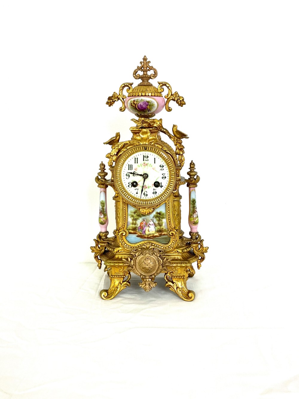 French Gilt & Porcelain Mantel Clock with Bird Decoration