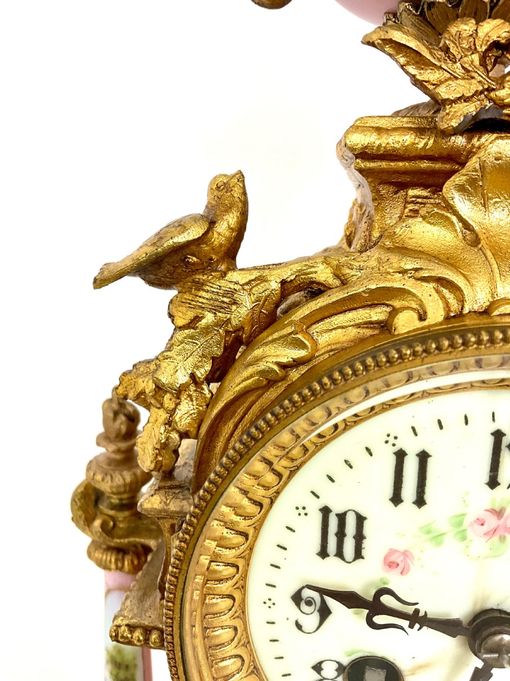 French Gilt & Porcelain Mantel Clock with Bird Decoration View III