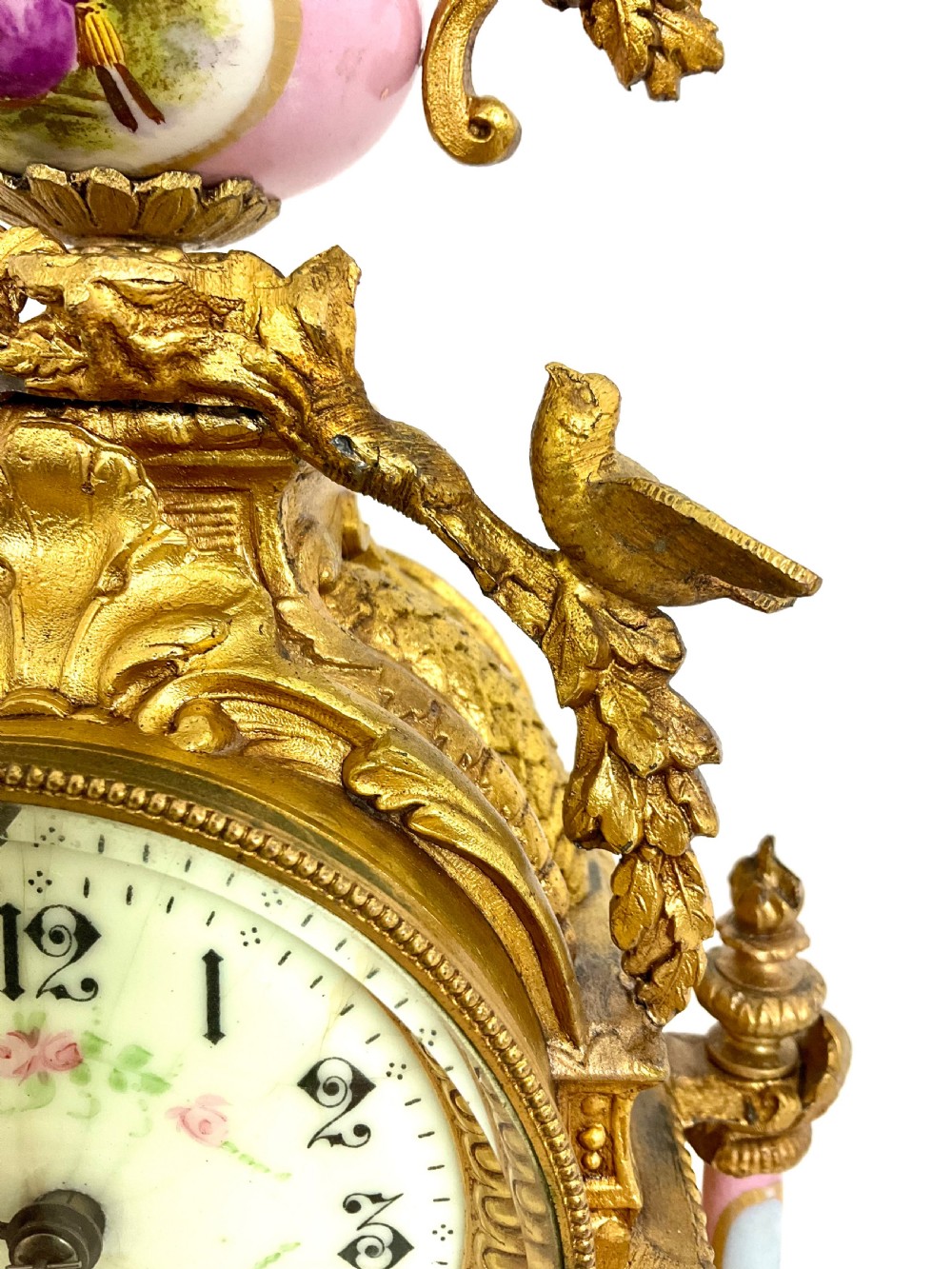 French Gilt & Porcelain Mantel Clock with Bird Decoration View IV