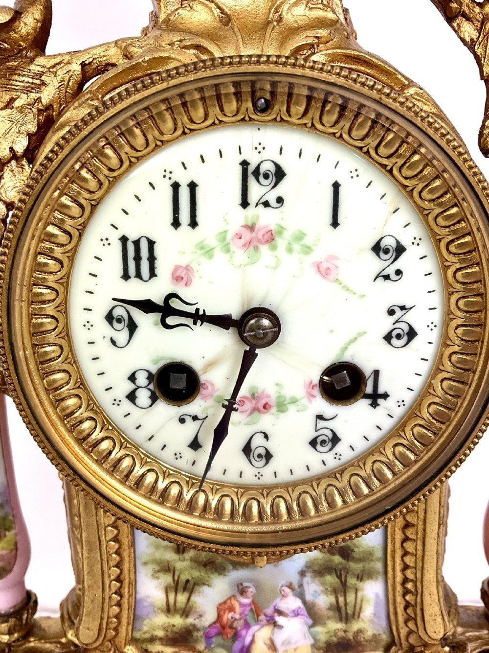 French Gilt & Porcelain Mantel Clock with Bird Decoration View VI