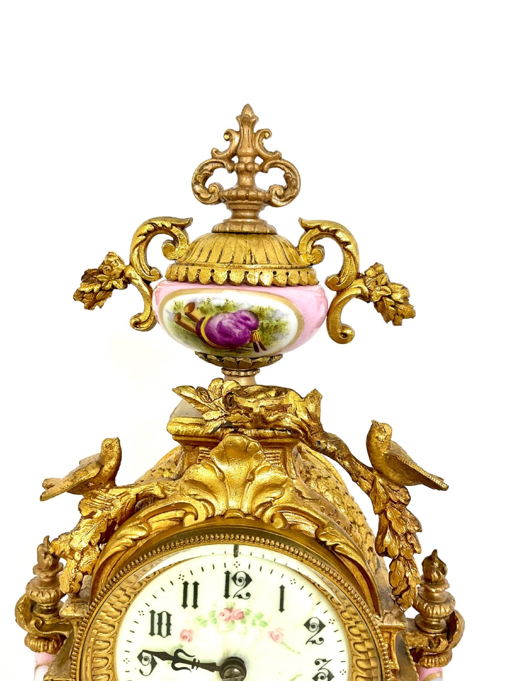 French Gilt & Porcelain Mantel Clock with Bird Decoration View VII