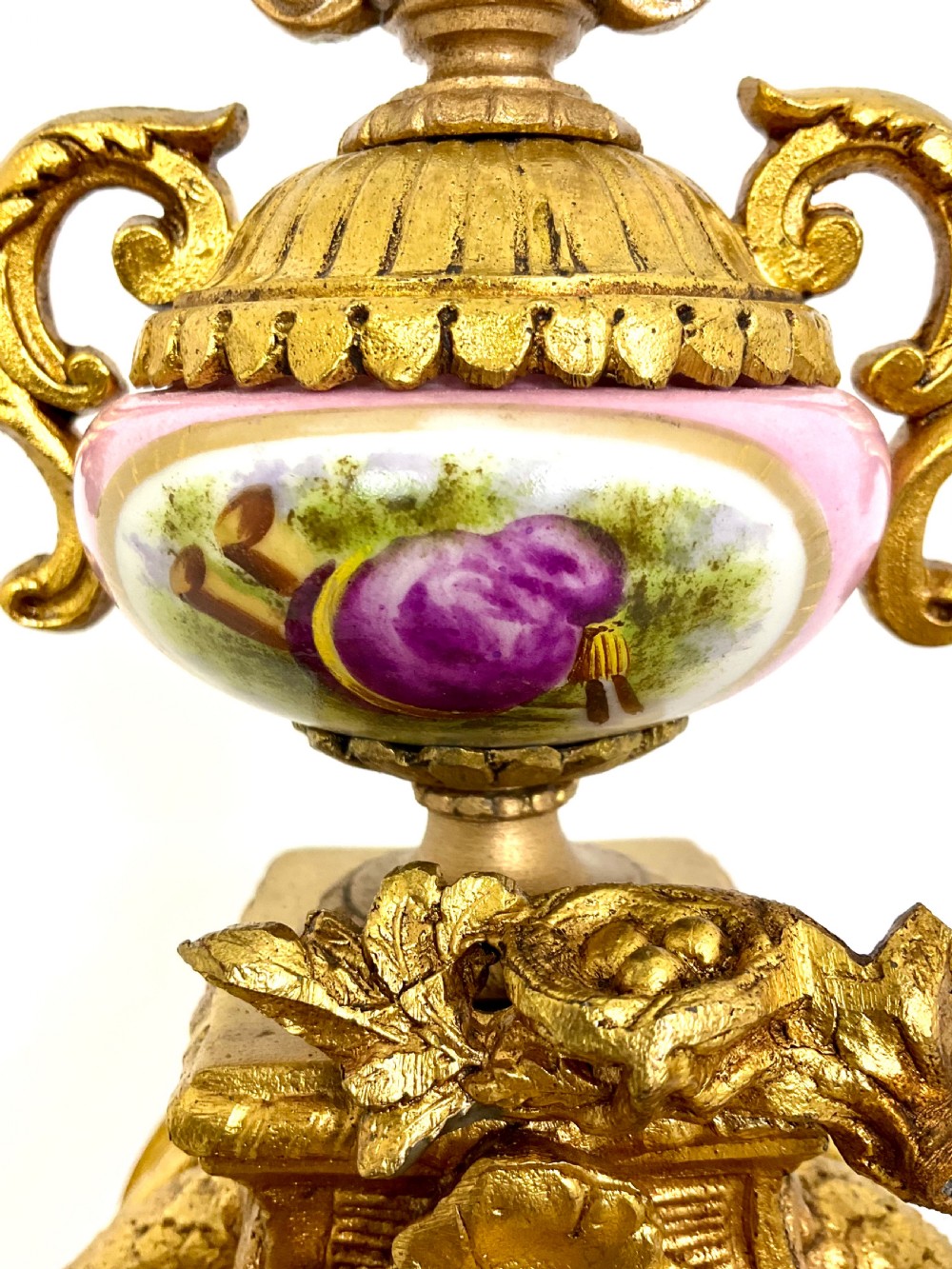 French Gilt & Porcelain Mantel Clock with Bird Decoration View VIII