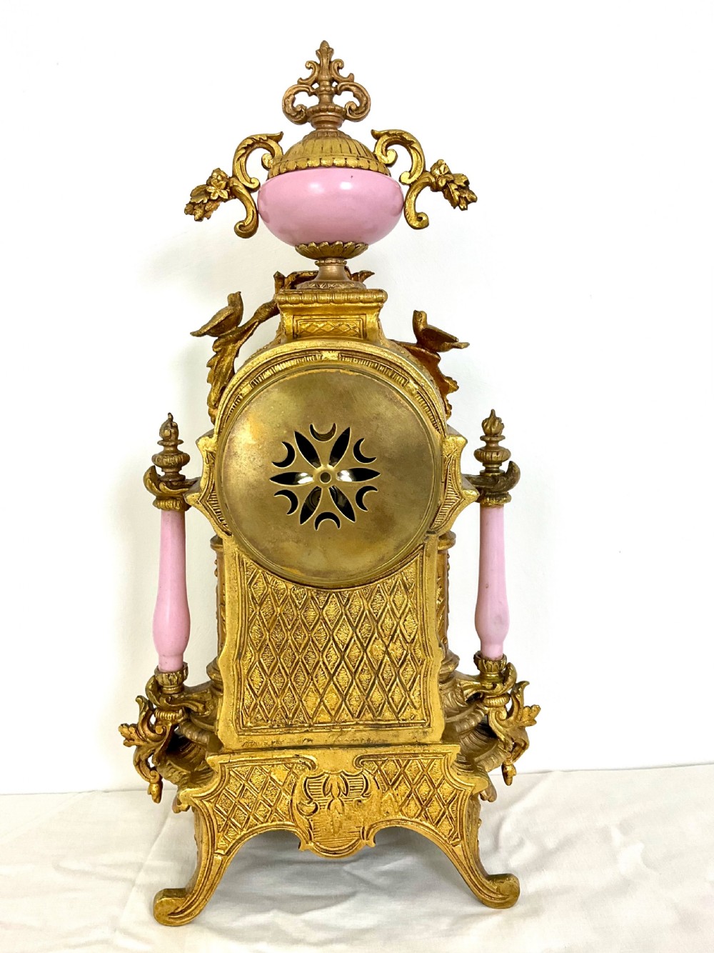 French Gilt & Porcelain Mantel Clock with Bird Decoration View IX