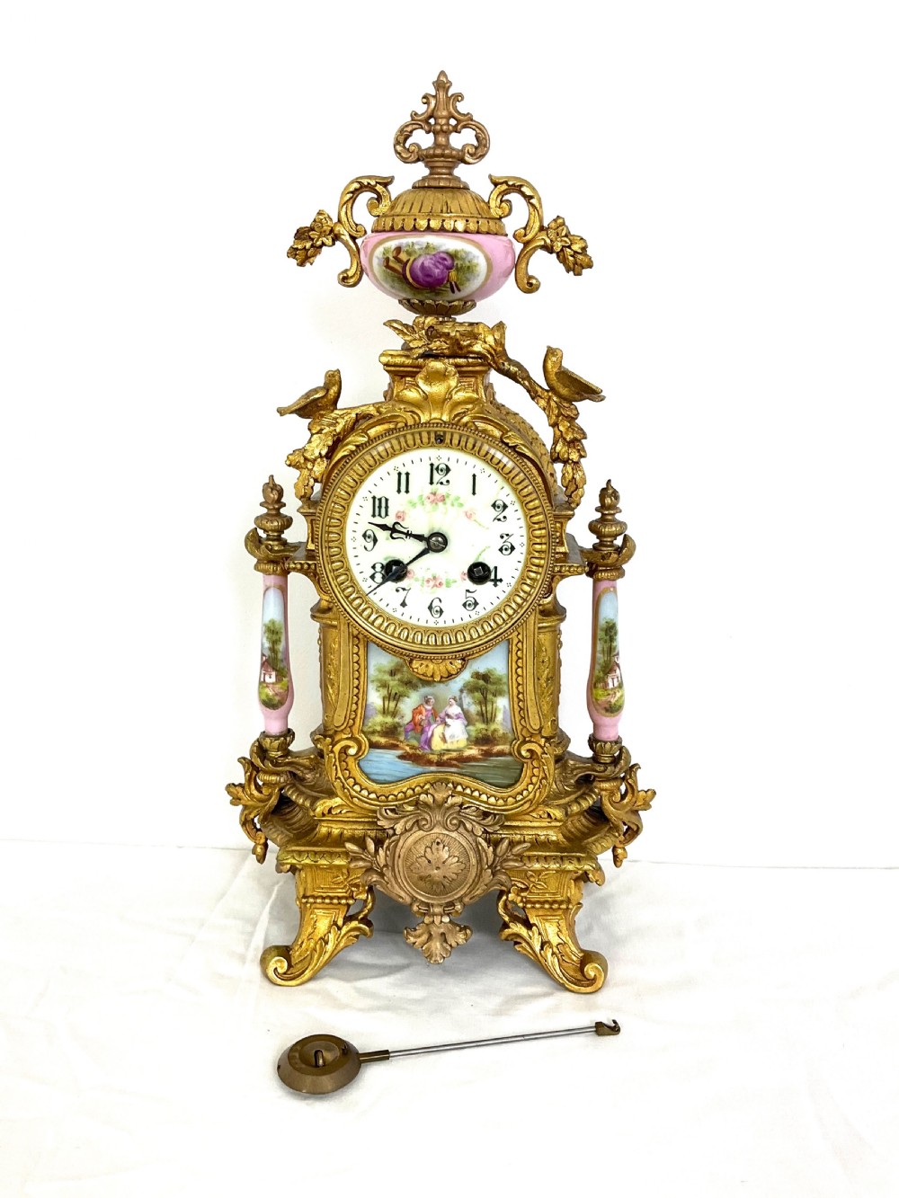 French Gilt & Porcelain Mantel Clock with Bird Decoration View X