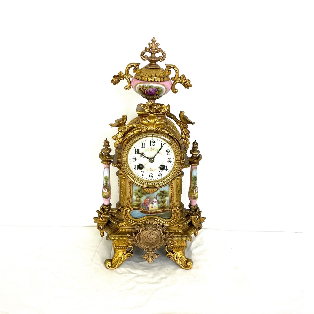 French Gilt & Porcelain Mantel Clock with Bird Decoration View XIII