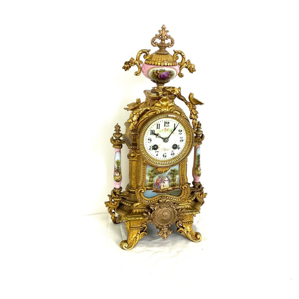 French Gilt & Porcelain Mantel Clock with Bird Decoration View XIV