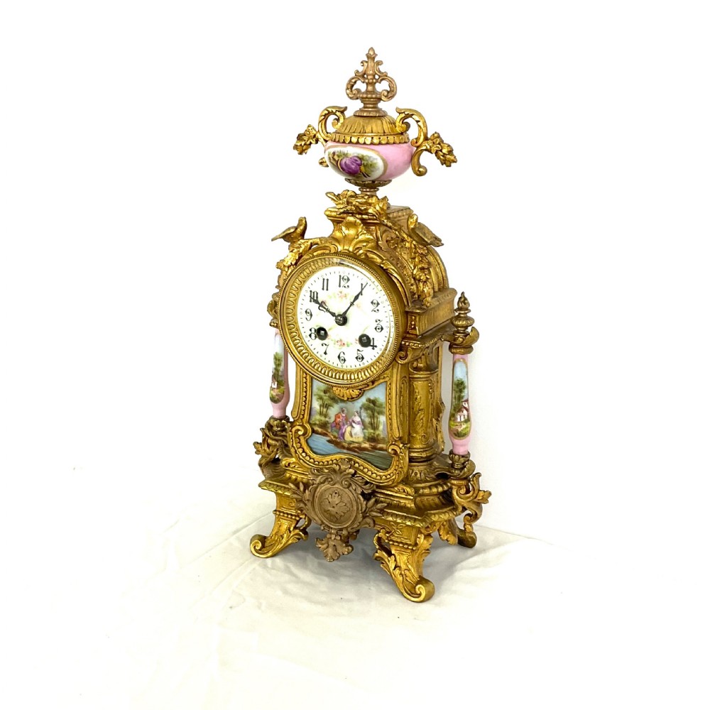 French Gilt & Porcelain Mantel Clock with Bird Decoration View XV