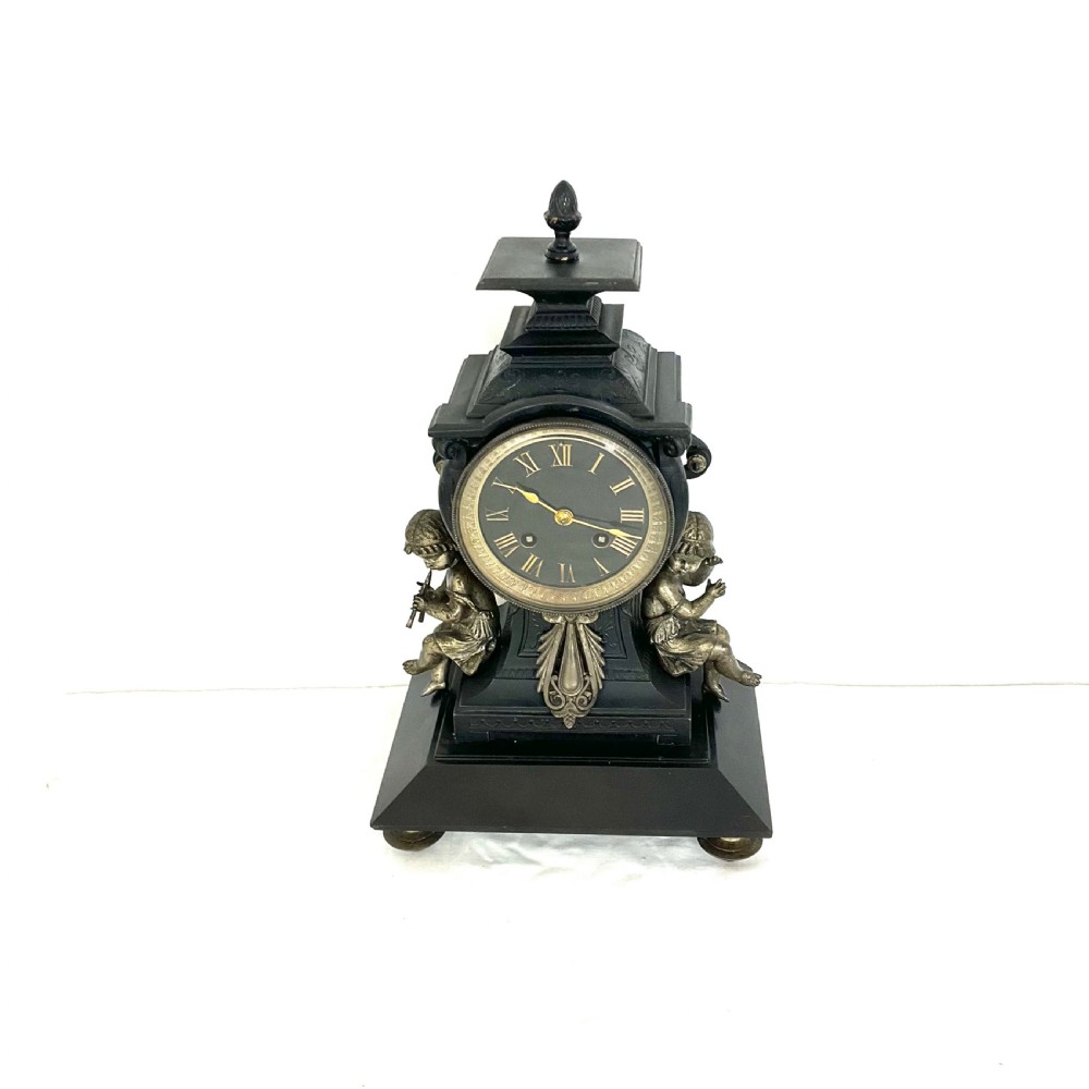 19th C. Cast Metal & Black Slate Mantel Clock With  Putti Musicians French 8 Day 