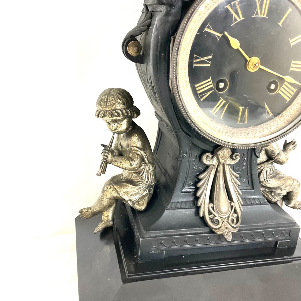 19th C. Cast Metal & Black Slate Mantel Clock With  Putti Musicians French 8 Day  View II