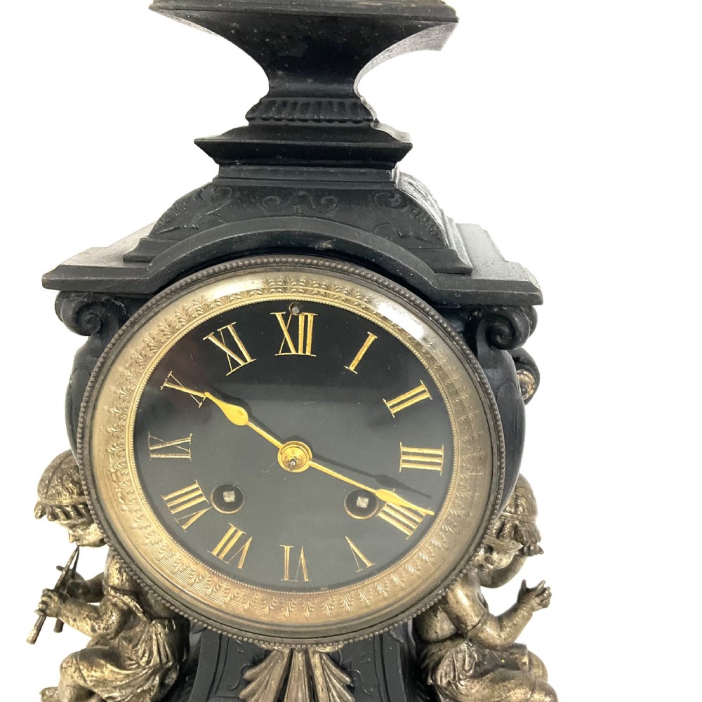 19th C. Cast Metal & Black Slate Mantel Clock With  Putti Musicians French 8 Day  View III