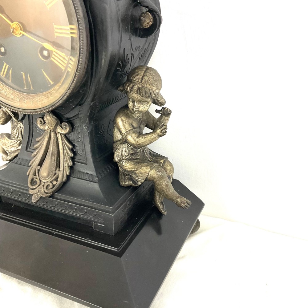 19th C. Cast Metal & Black Slate Mantel Clock With  Putti Musicians French 8 Day  View IV