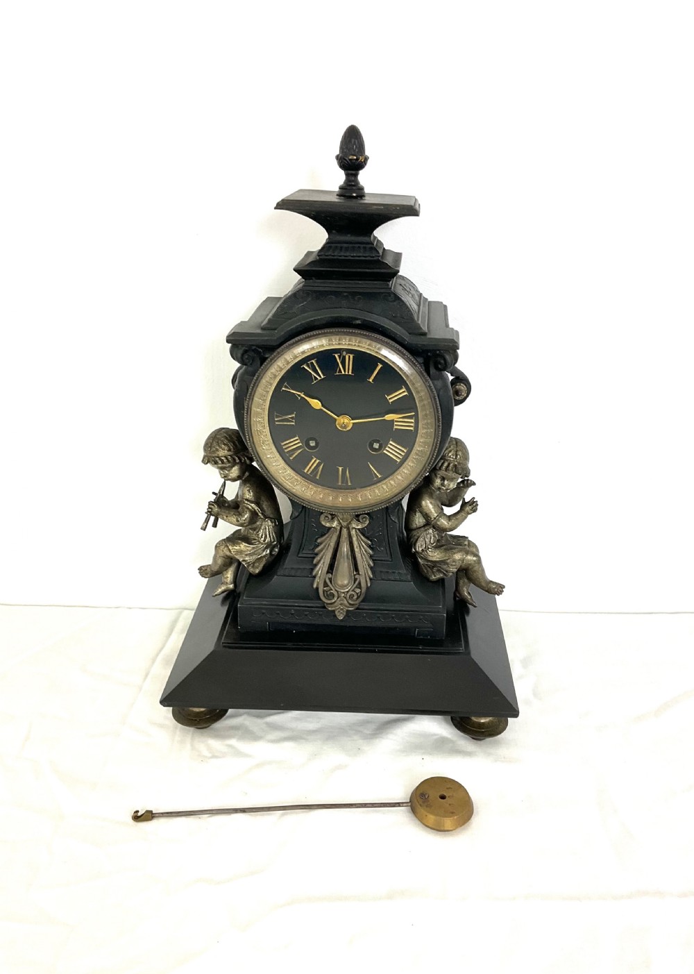 19th C. Cast Metal & Black Slate Mantel Clock With  Putti Musicians French 8 Day  View V