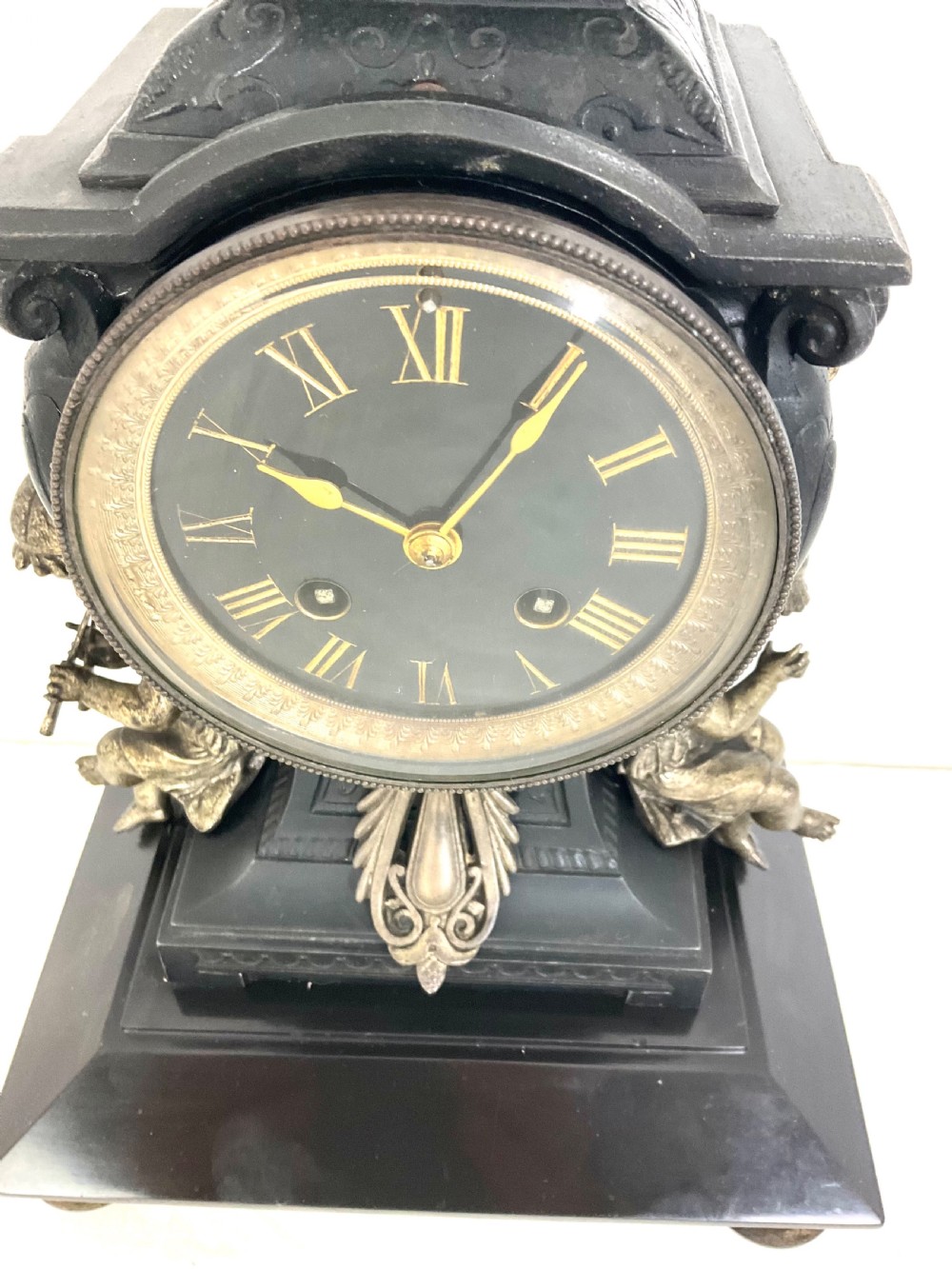 19th C. Cast Metal & Black Slate Mantel Clock With  Putti Musicians French 8 Day  View VIII