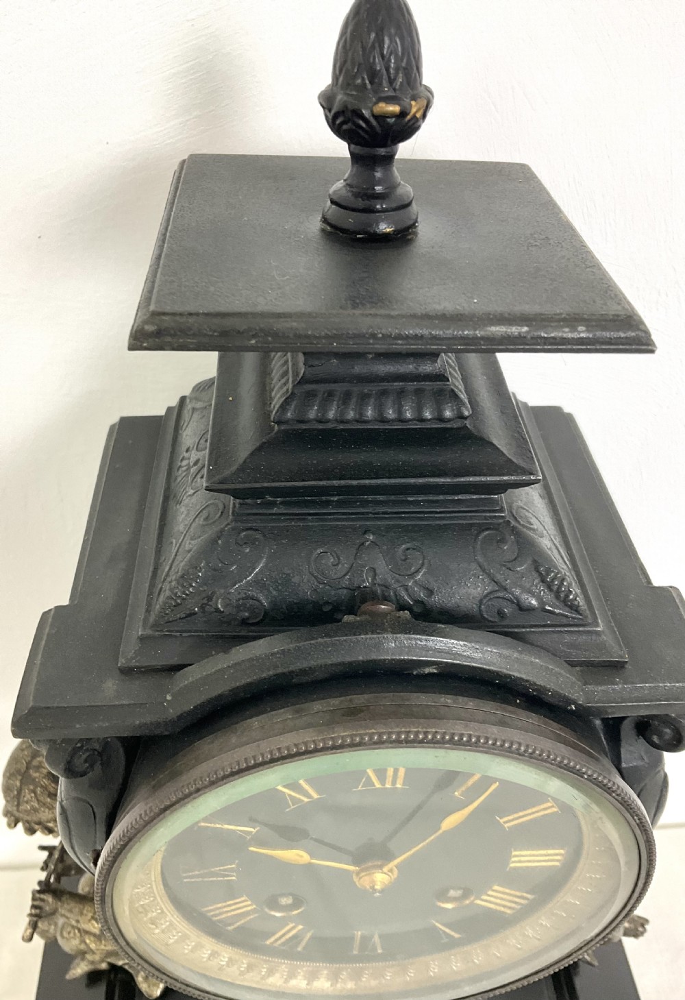 19th C. Cast Metal & Black Slate Mantel Clock With  Putti Musicians French 8 Day  View X