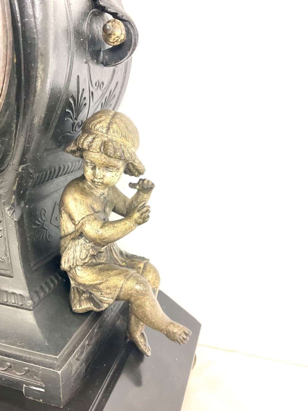 19th C. Cast Metal & Black Slate Mantel Clock With  Putti Musicians French 8 Day  View XI