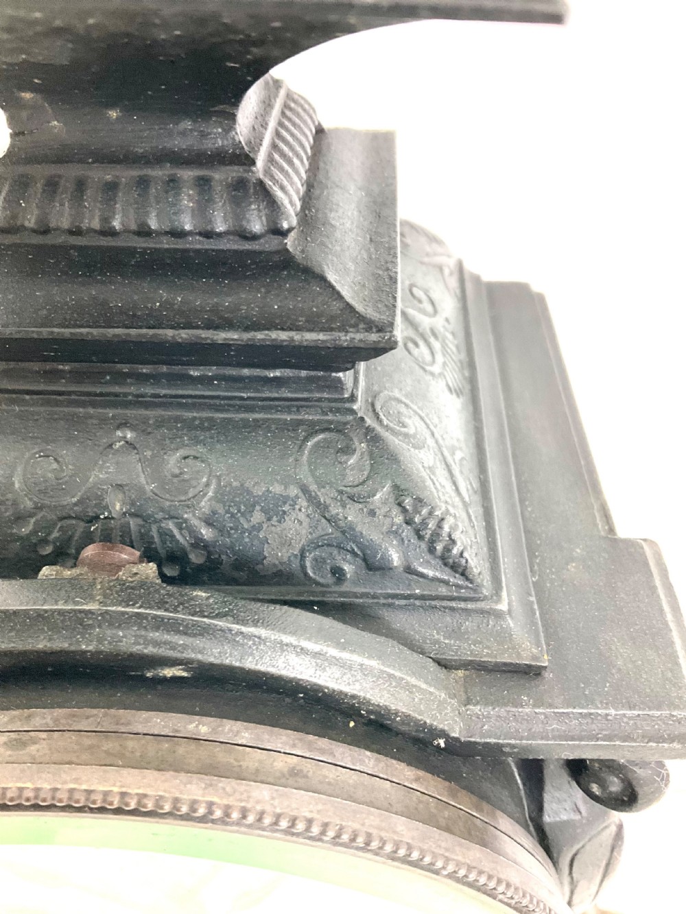 19th C. Cast Metal & Black Slate Mantel Clock With  Putti Musicians French 8 Day  View XII