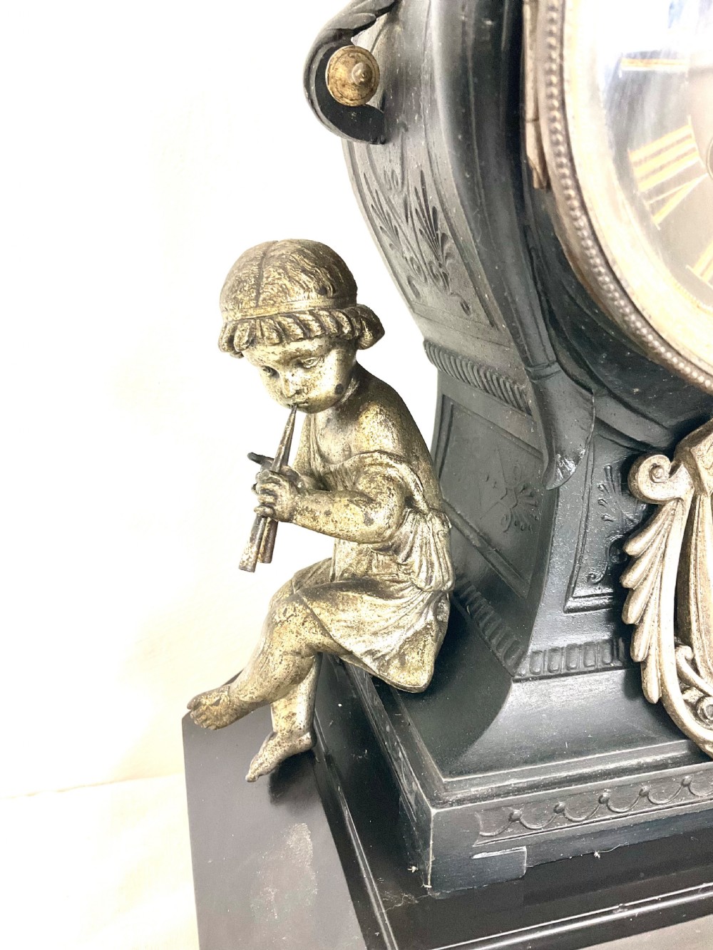 19th C. Cast Metal & Black Slate Mantel Clock With  Putti Musicians French 8 Day  View XIII